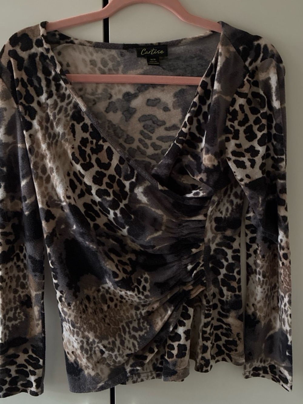 Women’s Brown Leopard Print Draped Long Sleeve Top